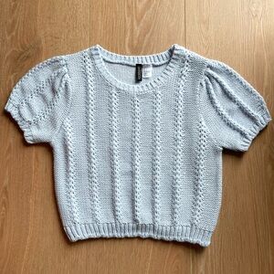 H&M Divided Pale Blue Cable Knit Puff Sleeve Cropped Top